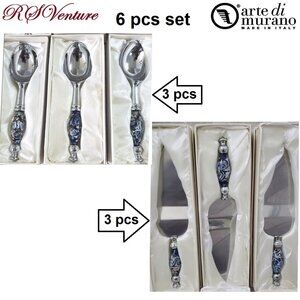 6 Murano Art Blue and White. 3 Ice Cream Scoopers & 3 Cake Servers